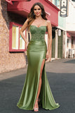 Sage Mermaid Spaghetti Straps Lace-up Back Long Prom Dress with Slit