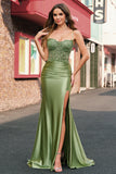 Sage Mermaid Spaghetti Straps Lace-up Back Long Prom Dress with Slit