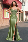 Sage Mermaid Spaghetti Straps Lace-up Back Long Prom Dress with Slit