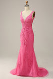 Hot Pink Mermaid Deep V Neck Long Prom Dress with Open Back