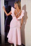 Pink Mermaid Square Neck Satin Formal Party Dress with Ruffles