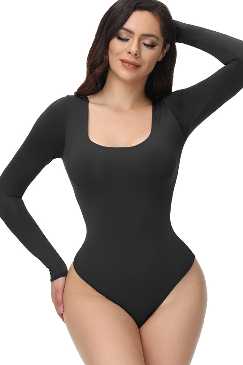 Penkiiy Women's Long Sleeved Solid Color Fashion Round-Neck Tight Jumpsuit Shapewear  Bodysuit Black Shapewear Tummy Control 