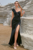 Mermaid One Shoulder Ruffle Black Formal Dress With High Slit