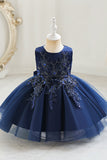 Navy Boat Neck Sleeveless Tulle Flower Girl Dress with Beading