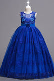 Blue A-Line Boat Neck Tulle Flower Girl Dress with Appliques