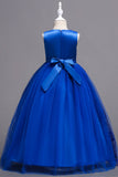 Blue A-Line Boat Neck Tulle Flower Girl Dress with Appliques