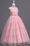 Blue A-Line Boat Neck Tulle Flower Girl Dress with Appliques