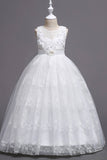 Blue A-Line Boat Neck Tulle Flower Girl Dress with Appliques