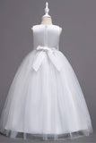 Blue A-Line Boat Neck Tulle Flower Girl Dress with Appliques