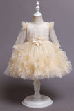 Champagne Boat Neck Tulle Flower Girl Dress with Sleeves