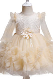 Champagne Boat Neck Tulle Flower Girl Dress with Sleeves