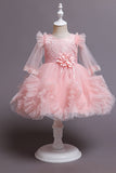 Champagne Boat Neck Tulle Flower Girl Dress with Sleeves