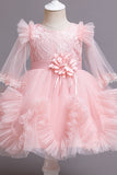 Champagne Boat Neck Tulle Flower Girl Dress with Sleeves