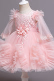 Champagne Boat Neck Tulle Flower Girl Dress with Sleeves