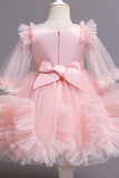 Champagne Boat Neck Tulle Flower Girl Dress with Sleeves