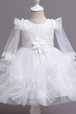 Champagne Boat Neck Tulle Flower Girl Dress with Sleeves