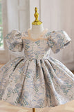 Blue Printed Puff Sleeves Flower Girl Dress with Beading