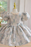 Blue Printed Puff Sleeves Flower Girl Dress with Beading