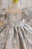 Blue Printed Puff Sleeves Flower Girl Dress with Beading