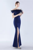 Navy Mermaid Off the Shoulder Crepe Formal Dress With Feather