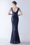 Lilac Mermaid V Neck Sequin and Beaded Feathers Evening Dress With Slit