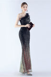 Glitter Black Bodycon Beaded Feather One-Shoulder Evening Dress With Slit