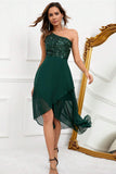 Dark Green A Line Sequin One Shoulder Party Dress with Slit
