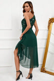 Dark Green A Line Sequin One Shoulder Party Dress with Slit