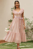 Blush A-Line V Neck Ruffled Wedding Guest Dress With Sash