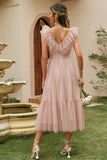 Blush A-Line V Neck Ruffled Wedding Guest Dress With Sash