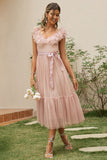 Blush A-Line V Neck Ruffled Wedding Guest Dress With Sash