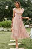 Blush A-Line V Neck Ruffled Wedding Guest Dress With Sash