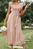 Blush A-Line V Neck Ruffled Wedding Guest Dress With Sash