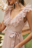 Blush A-Line V Neck Ruffled Wedding Guest Dress With Sash