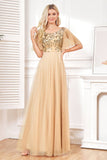 Sparkly Champagne A Line Sequins Tulle Floor-Length Dress with Bat Sleeves