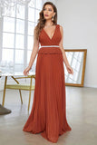 Brick Red A-Line Deep V-Neck Pleated Floor-Length Dress With Beading