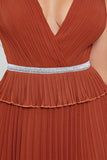 Brick Red A-Line Deep V-Neck Pleated Floor-Length Dress With Beading