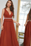 Brick Red A-Line Deep V-Neck Pleated Floor-Length Dress With Beading