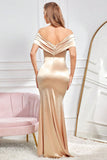 Champagne Mermaid Off The Shoulder Long Prom Dress with Slit