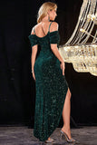 Sparkly Dark Green Cold Shoudler Sequins Porm Dress with Slit