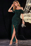 Sparkly Dark Green Cold Shoudler Sequins Porm Dress with Slit