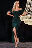 Sparkly Dark Green Cold Shoudler Sequins Porm Dress with Slit