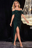 Sparkly Dark Green Cold Shoudler Sequins Porm Dress with Slit