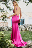 Mermaid Fuchsia Spaghetti Straps Beaded Long Prom Dress with Slit