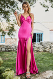 Mermaid Fuchsia Spaghetti Straps Beaded Long Prom Dress with Slit