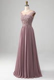 Blush A-Line Round Neck Pleated Sparkly Sequin Prom Dress With Beading