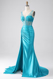 Turquoise Mermaid V-Neck Sweep Train Pleated Corset Beaded Long Prom Dress