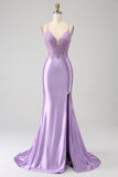 Stylish Lilac Mermaid Spaghetti Straps Long Prom Dress with Appliques Slit