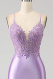 Stylish Lilac Mermaid Spaghetti Straps Long Prom Dress with Appliques Slit