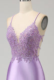 Stylish Lilac Mermaid Spaghetti Straps Long Prom Dress with Appliques Slit